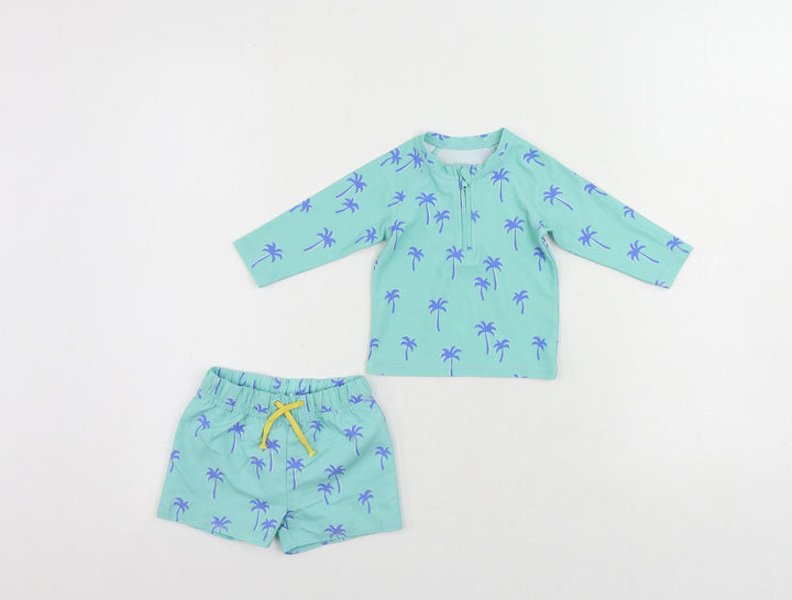 Marks and Spencer Baby Green Geometric Polyester Shorts Set Outfit/Set Size 0-3 Months Zip - Palm Print Beach Swimming Set