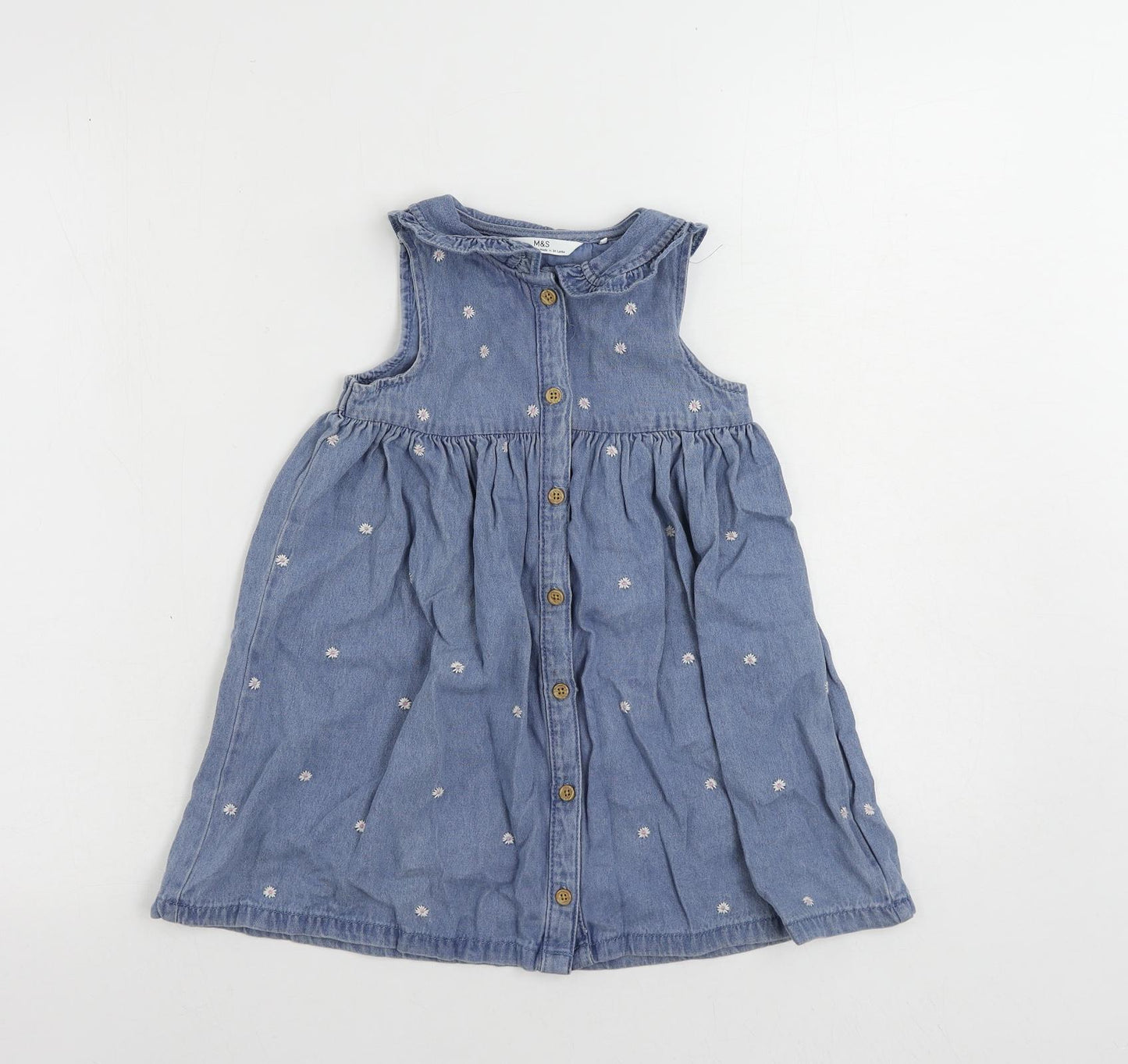 Marks and Spencer Girls Blue Floral Cotton A-Line Size 4-5 Years Collared Button - Embroidered