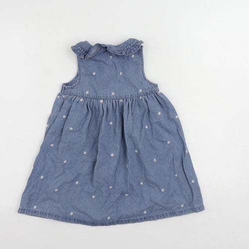 Marks and Spencer Girls Blue Floral Cotton A-Line Size 4-5 Years Collared Button - Embroidered
