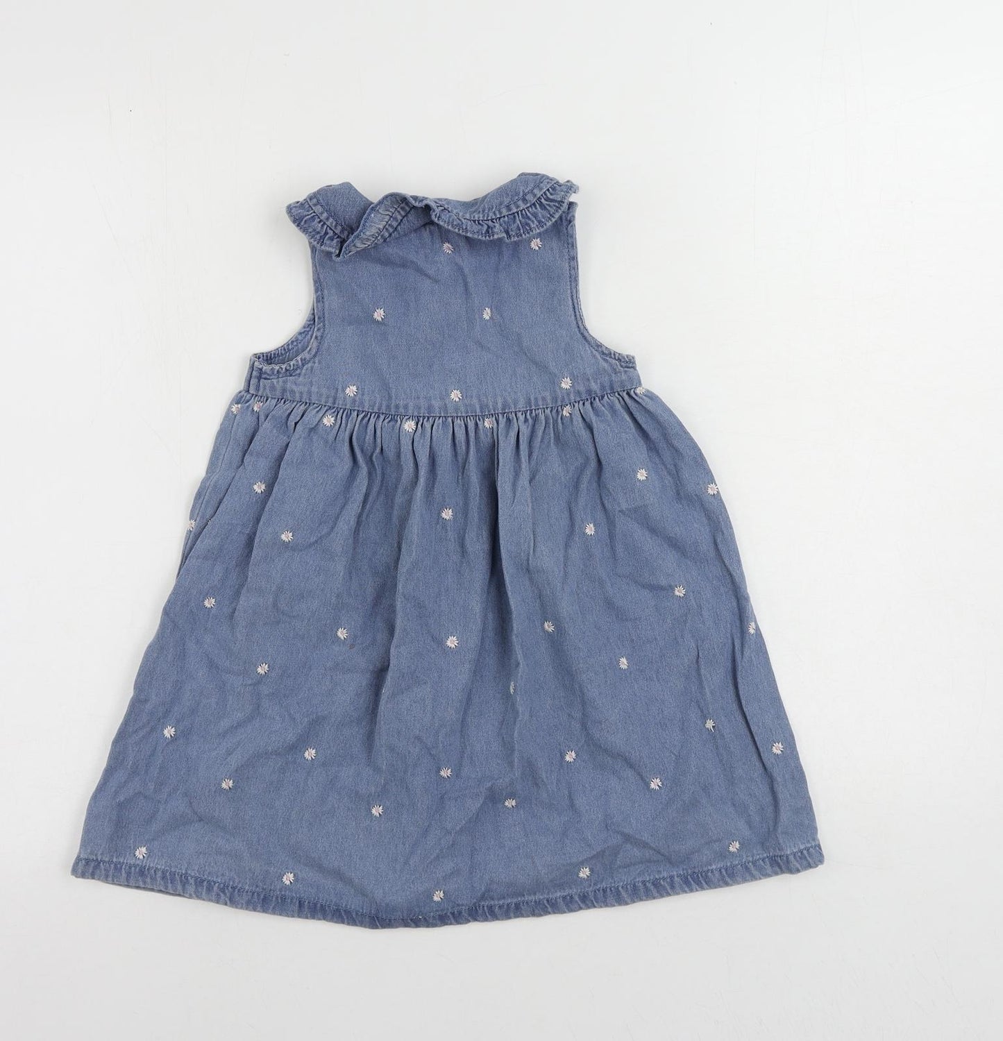 Marks and Spencer Girls Blue Floral Cotton A-Line Size 4-5 Years Collared Button - Embroidered