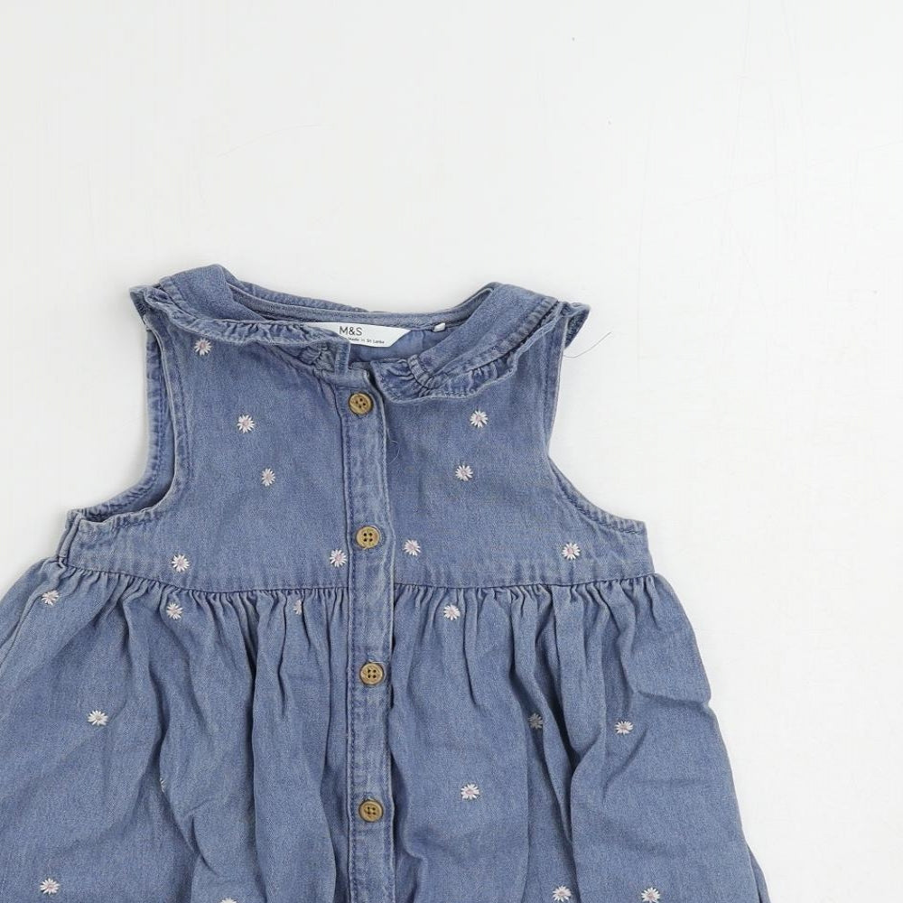 Marks and Spencer Girls Blue Floral Cotton A-Line Size 4-5 Years Collared Button - Embroidered