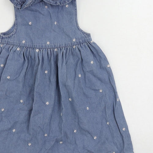 Marks and Spencer Girls Blue Floral Cotton A-Line Size 4-5 Years Collared Button - Embroidered