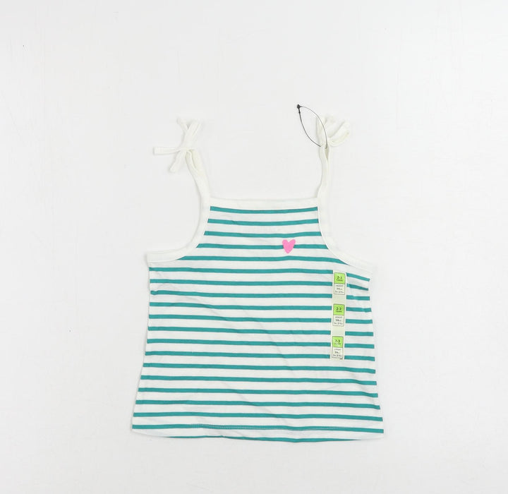 Marks and Spencer Girls Green Striped Cotton Camisole Tank Size 2-3 Years Square Neck Pullover
