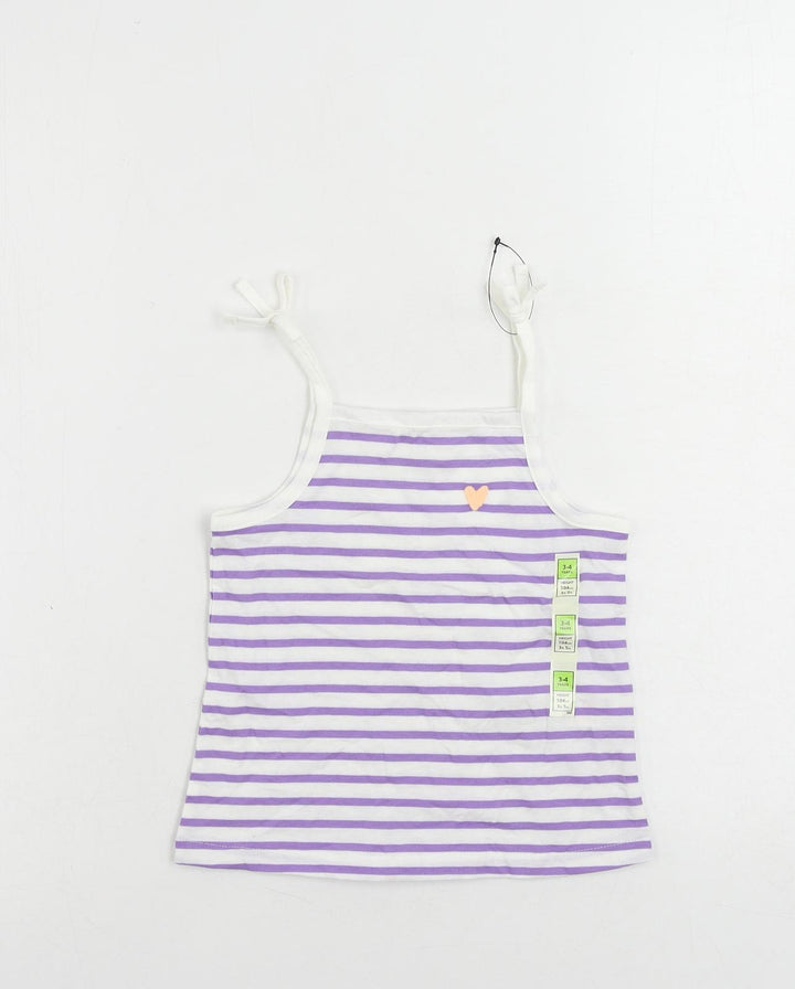 Marks and Spencer Girls Purple Striped Cotton Camisole Tank Size 3-4 Years Square Neck