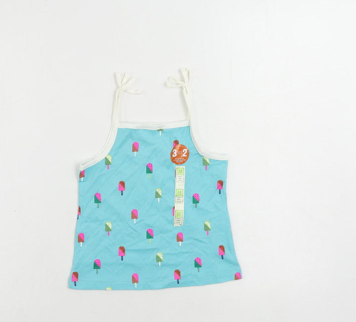 Marks and Spencer Girls Blue Geometric Cotton Camisole Tank Size 3-4 Years Square Neck Pullover - Ice Cream Print