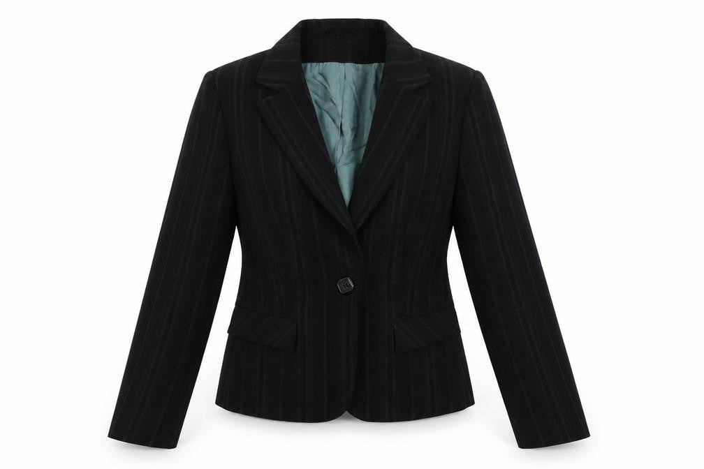 Front view of Dorothy Perkins women’s black striped jacket blazer, size UK 10, button