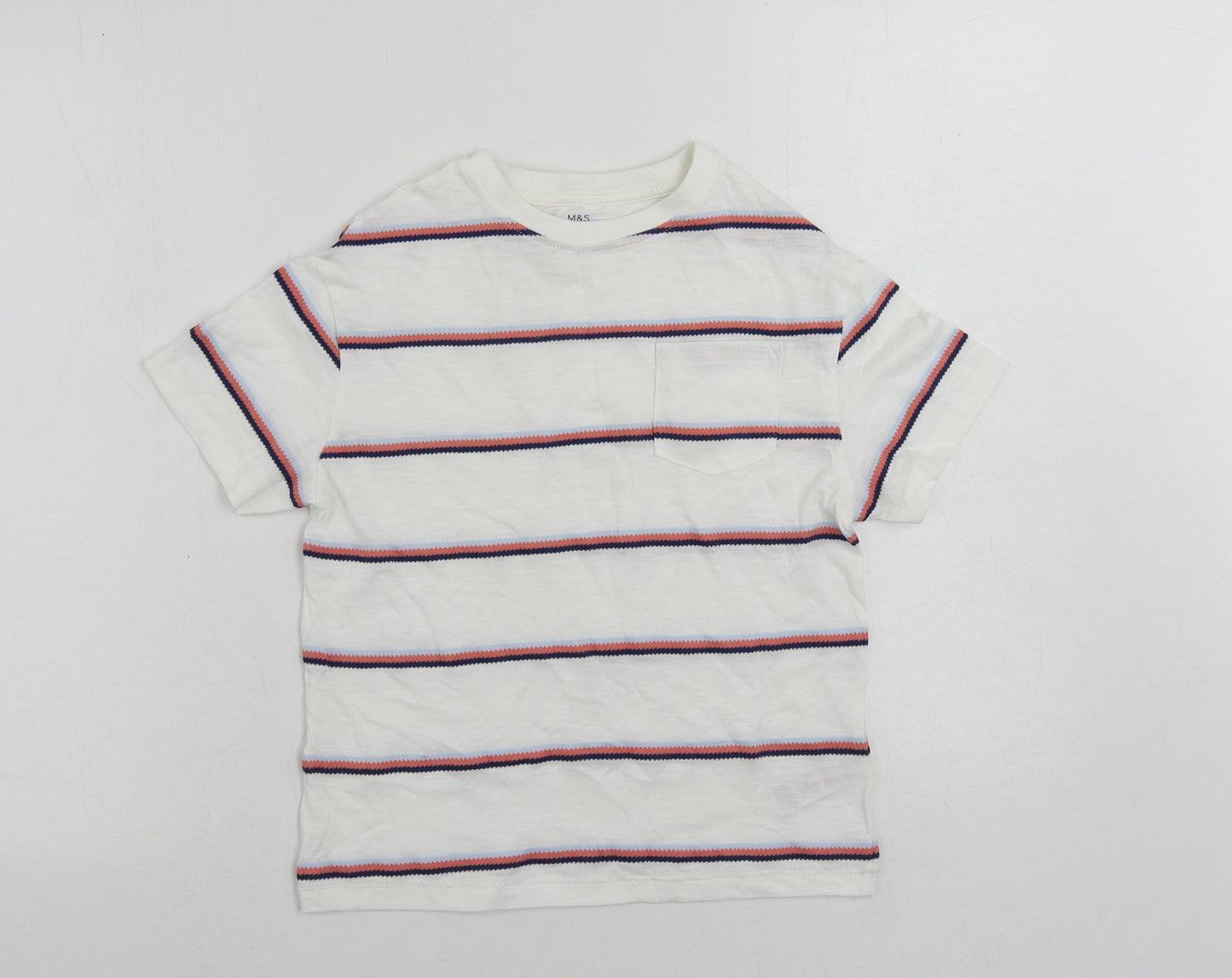Marks and Spencer Boys White Striped Cotton Pullover T-Shirt Size 7-8 Years Crew Neck Pullover