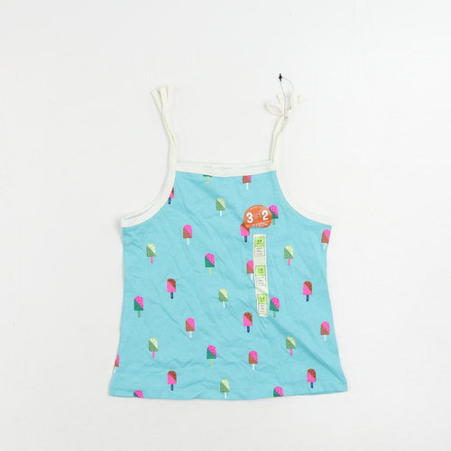 Marks and Spencer Girls Blue Geometric Cotton Camisole Tank Size 3-4 Years Square Neck Pullover - Ice Cream Print