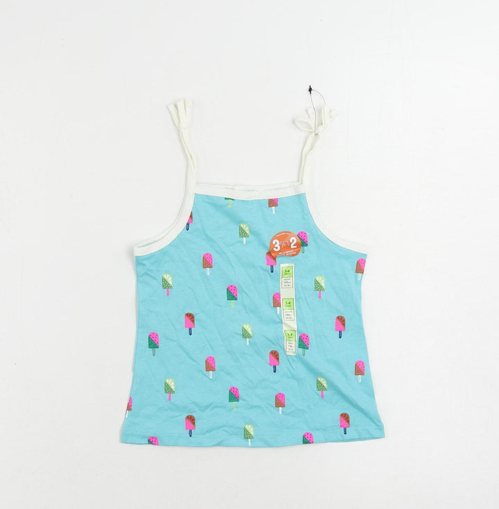Marks and Spencer Girls Blue Geometric Cotton Camisole Tank Size 3-4 Years Square Neck Pullover - Ice Cream Print