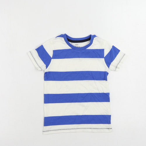 Marks and Spencer Boys Blue Striped Cotton Pullover T-Shirt Size 3-4 Years Crew Neck Pullover