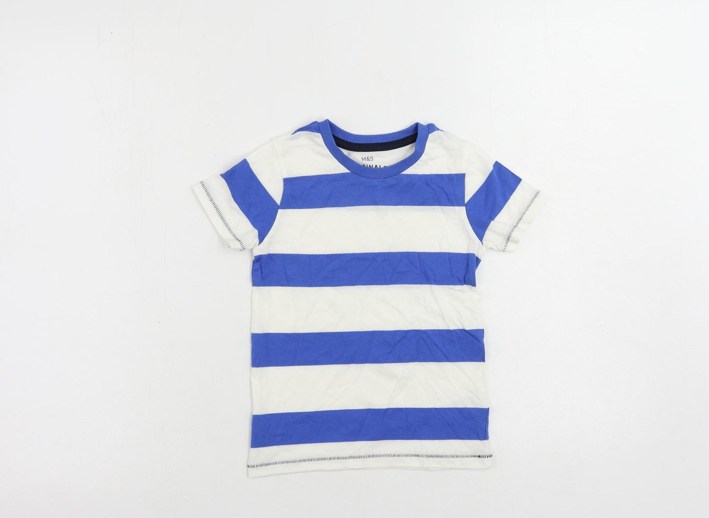 Marks and Spencer Boys Blue Striped Cotton Pullover T-Shirt Size 3-4 Years Crew Neck Pullover