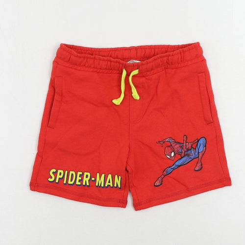 Marks and Spencer Boys Red Cotton Sweat Shorts Size 6-7 Years Regular Drawstring - Spider-Man