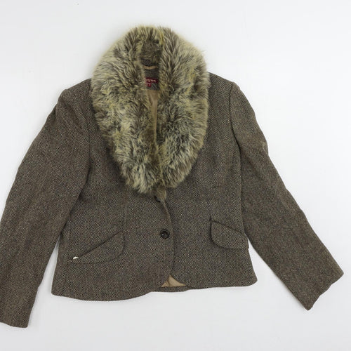 Monsoon Womens Brown Herringbone Jacket Blazer Size 14 Button - Faux Fur Collar
