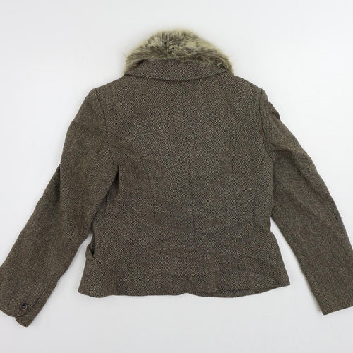 Monsoon Womens Brown Herringbone Jacket Blazer Size 14 Button - Faux Fur Collar