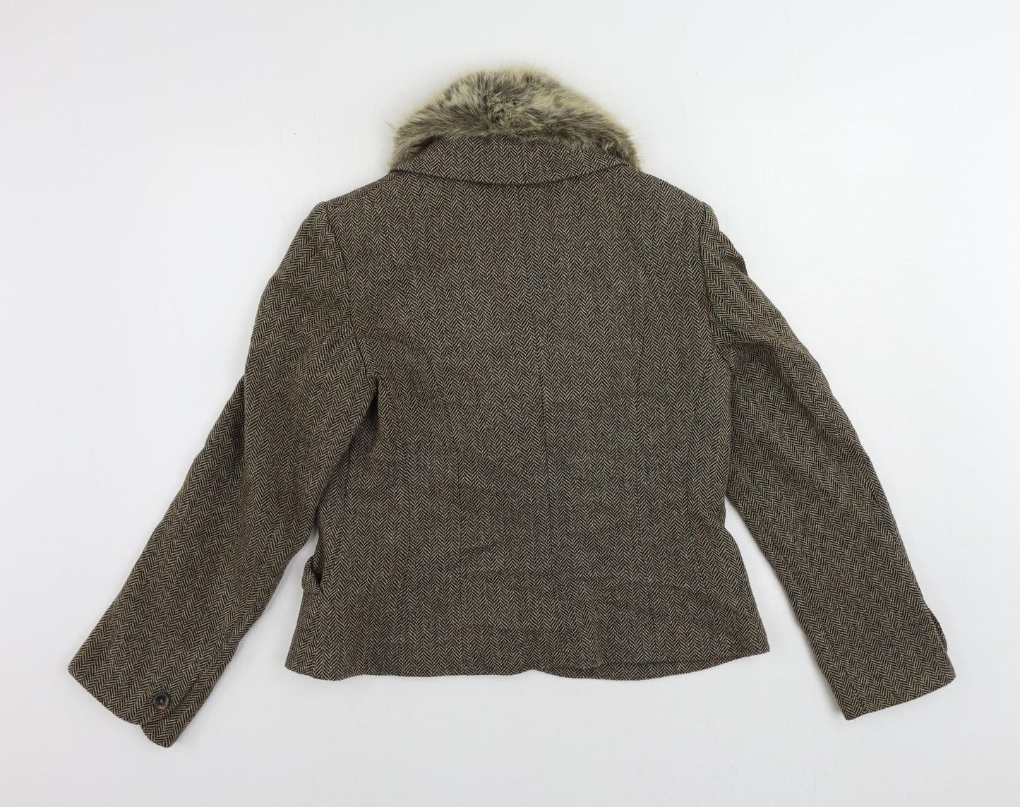 Monsoon Womens Brown Herringbone Jacket Blazer Size 14 Button - Faux Fur Collar