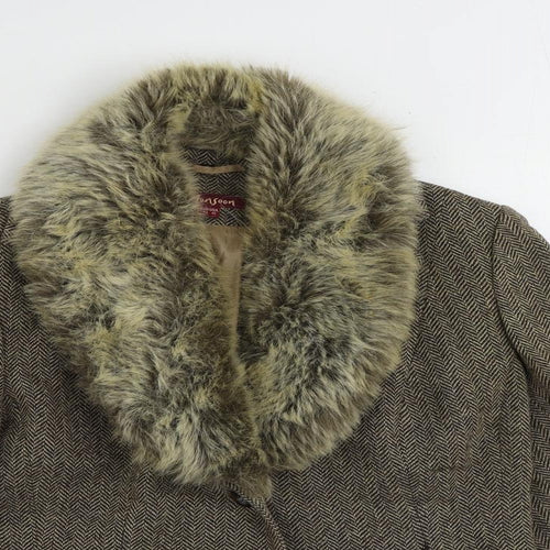 Monsoon Womens Brown Herringbone Jacket Blazer Size 14 Button - Faux Fur Collar