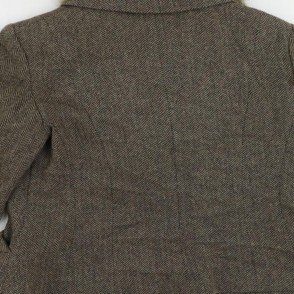 Monsoon Womens Brown Herringbone Jacket Blazer Size 14 Button - Faux Fur Collar