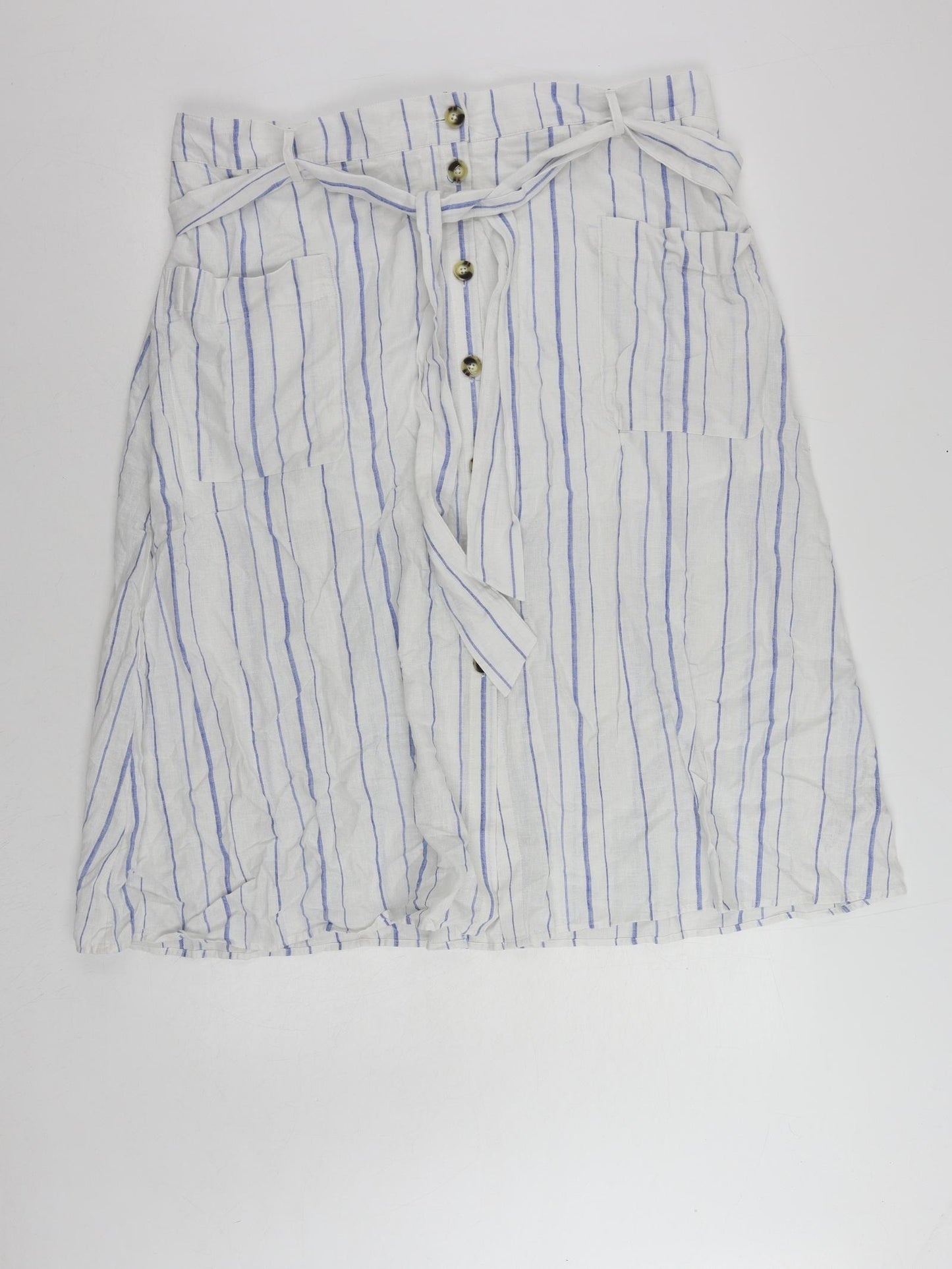 Per Una Womens White Striped Linen A-Line Skirt Size 20 Button - Belted