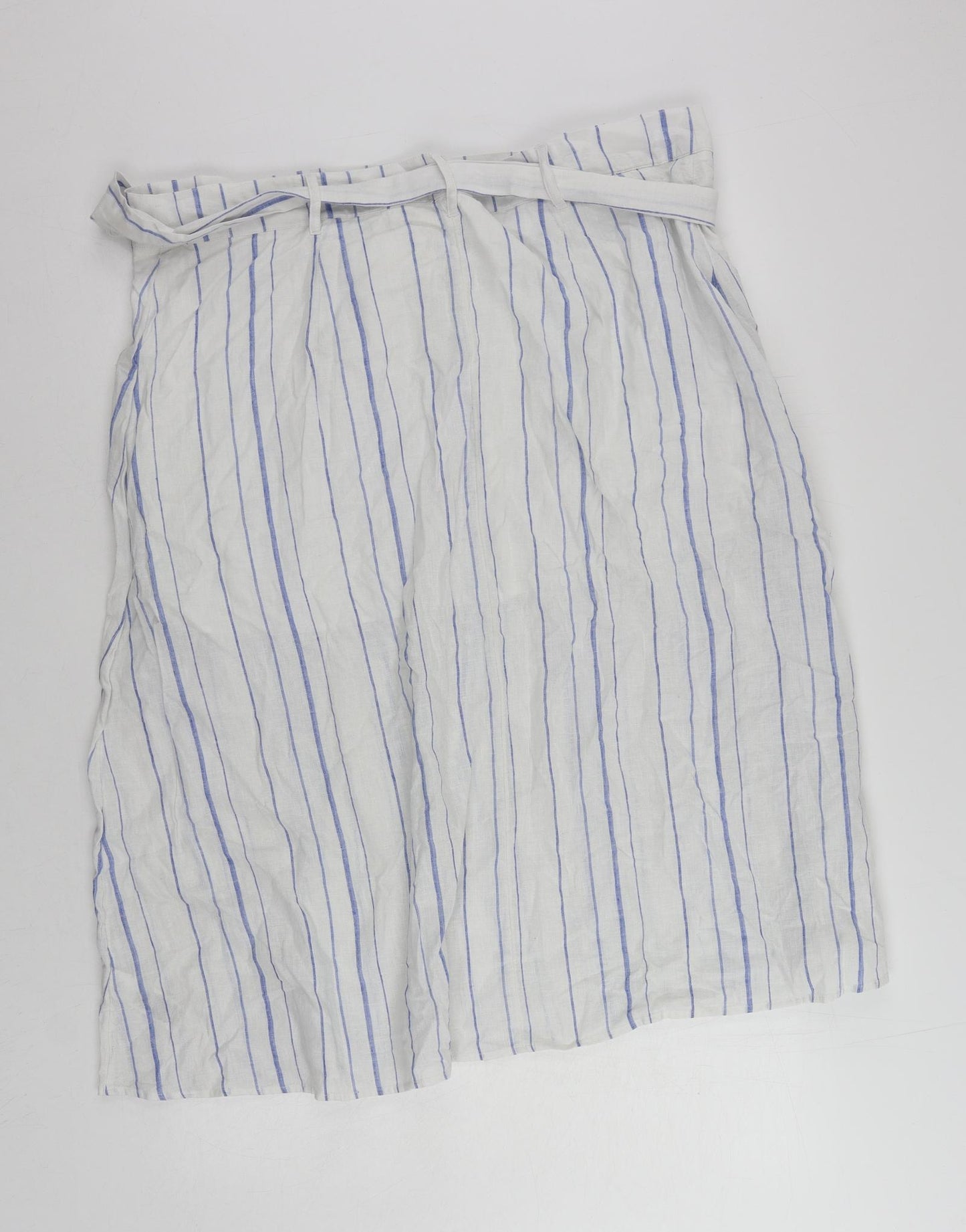 Per Una Womens White Striped Linen A-Line Skirt Size 20 Button - Belted