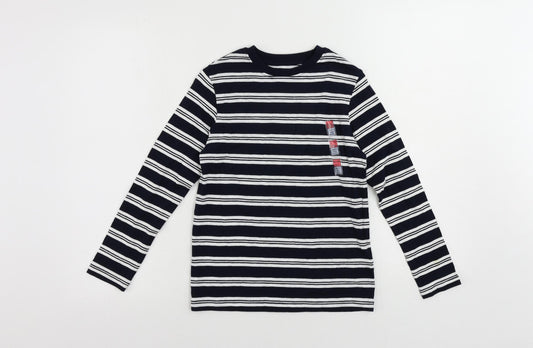 Marks and Spencer Boys Blue Striped Cotton Pullover T-Shirt Size 8-9 Years Crew Neck Pullover