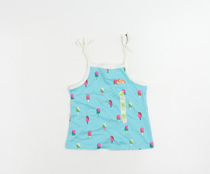 Marks and Spencer Girls Blue Geometric Cotton Camisole Tank Size 2-3 Years Square Neck Pullover - Ice Cream Print