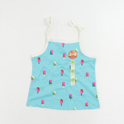 Marks and Spencer Girls Blue Geometric Cotton Camisole Tank Size 2-3 Years Square Neck Pullover - Ice Cream Print