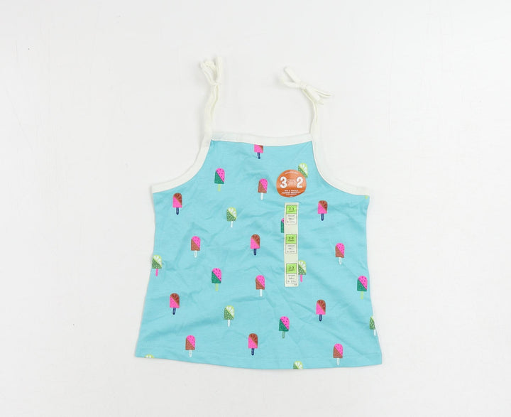 Marks and Spencer Girls Blue Geometric Cotton Camisole Tank Size 2-3 Years Square Neck Pullover - Ice Cream Print
