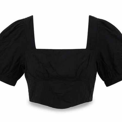 Stradivarius Womens Black Cotton Cropped Blouse Size XL Square Neck - Shirred Back