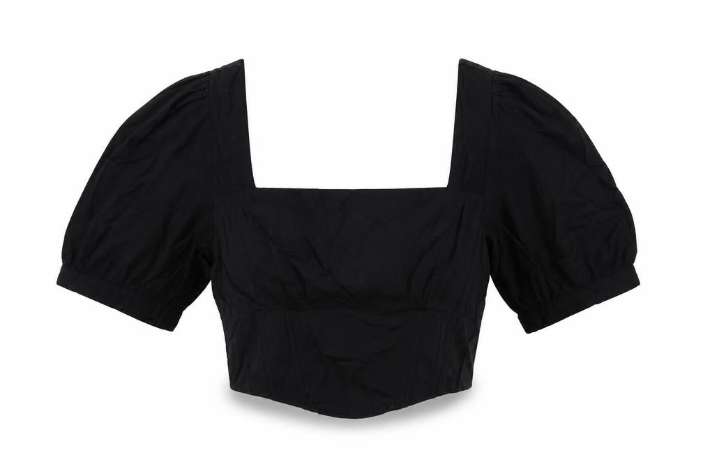 Stradivarius Womens Black Cotton Cropped Blouse Size XL Square Neck - Shirred Back