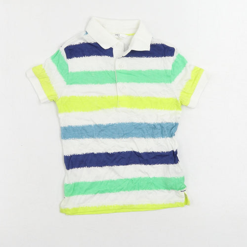 Marks and Spencer Boys White Striped Cotton Pullover Polo Size 3-4 Years Collared Button