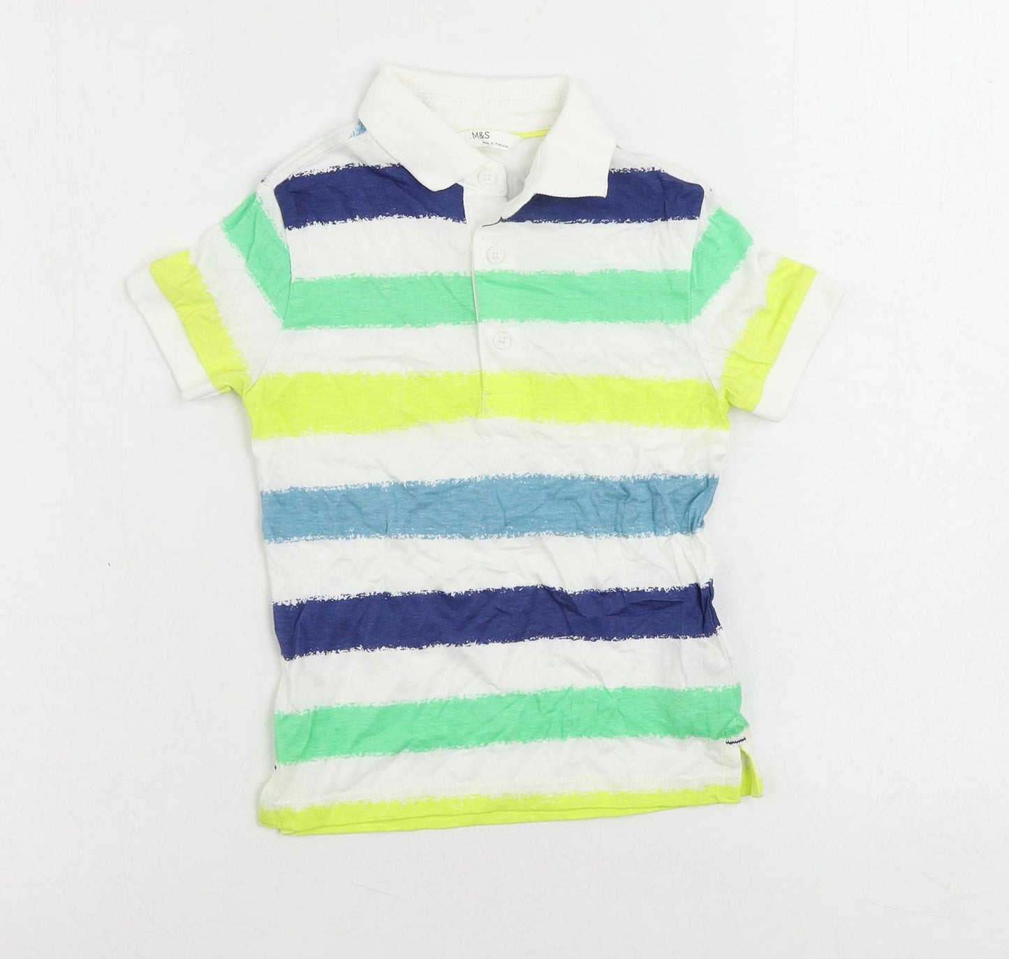 Marks and Spencer Boys White Striped Cotton Pullover Polo Size 3-4 Years Collared Button