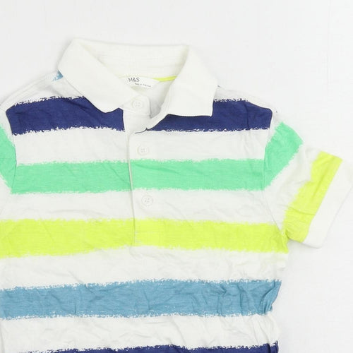 Marks and Spencer Boys White Striped Cotton Pullover Polo Size 3-4 Years Collared Button