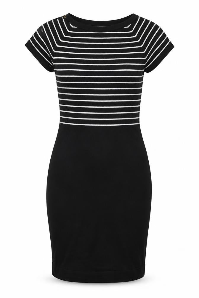Front view of Next women’s black striped cotton bodycon, size UK 10, boat neck pullover