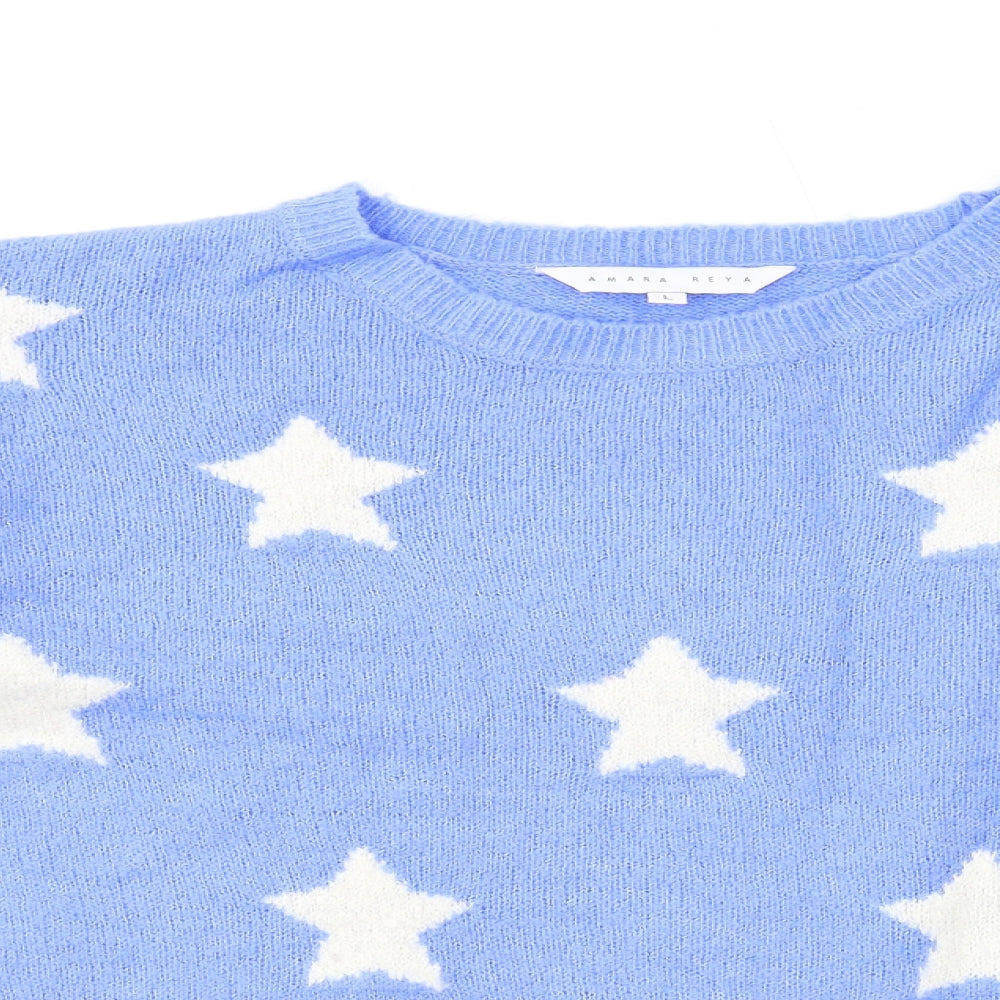 Amara Reya Womens Black Crew Neck Geometric Acrylic Pullover Jumper Size L