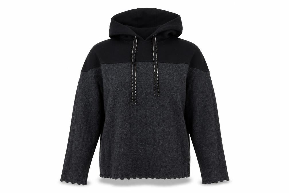 Front view of Louise Orop women’s grey acrylic pullover hoodie, size S, pullover