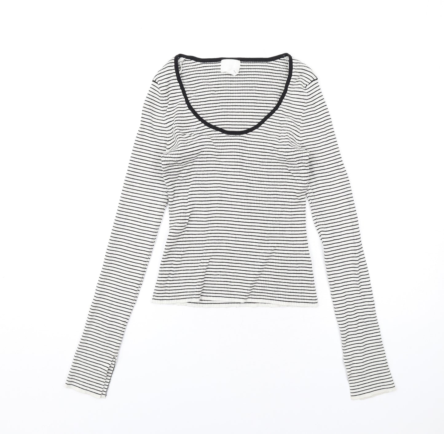 H&M Womens White Striped Viscose Basic T-Shirt Size M Scoop Neck