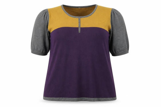 Front view of Note women’s multicoloured colourblock acrylic a-line, size UK 24, round neck pullover