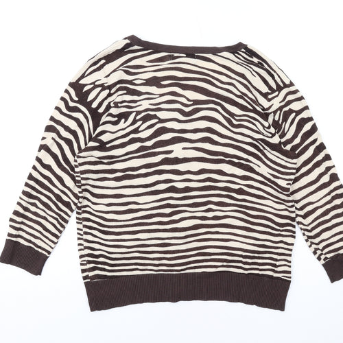 Be Beau Womens Brown Scoop Neck Animal Print Viscose Cardigan Jumper Size 14 - Zebra Print