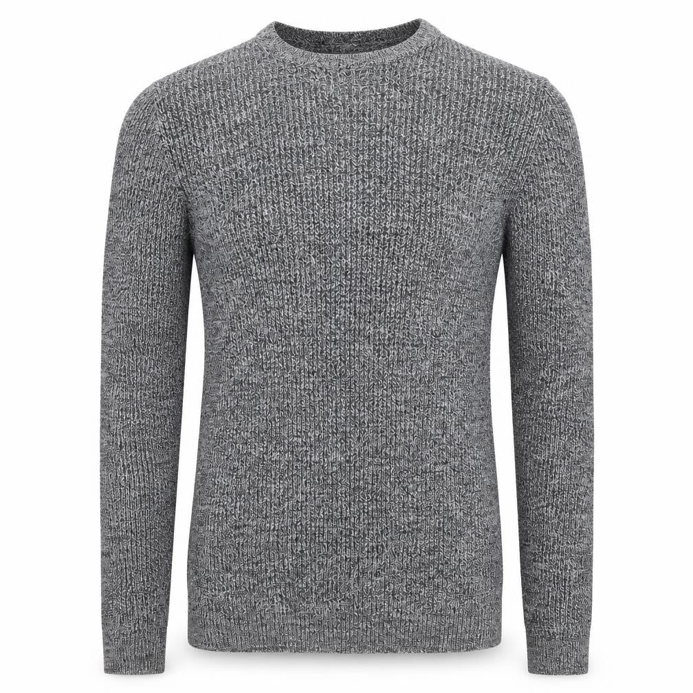Front view of ASOS men’s grey round neck acrylic jumper, size S, long sleeve