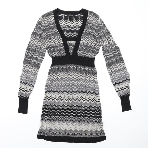 Julien Macdonald Womens Black Chevron Viscose A-Line Size 10 Square Neck Pullover