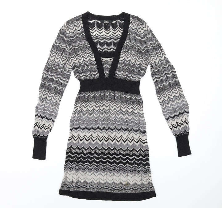 Julien Macdonald Womens Black Chevron Viscose A-Line Size 10 Square Neck Pullover