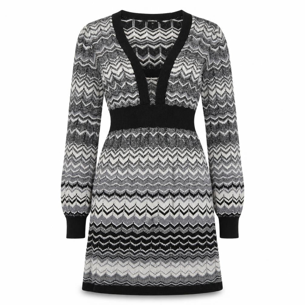 Front view of Julien Macdonald women’s black chevron viscose a-line, size UK 10, square neck pullover