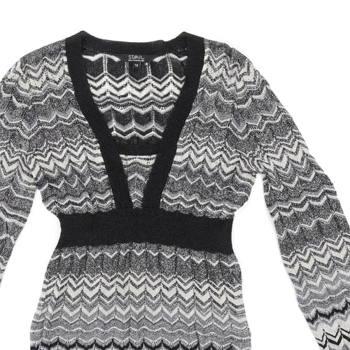 Julien Macdonald Womens Black Chevron Viscose A-Line Size 10 Square Neck Pullover