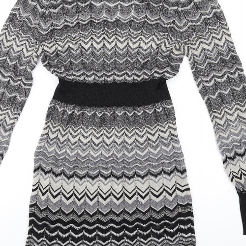 Julien Macdonald Womens Black Chevron Viscose A-Line Size 10 Square Neck Pullover