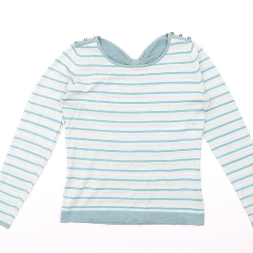 Yumi Womens Blue Round Neck Striped Cotton Pullover Jumper Size 14