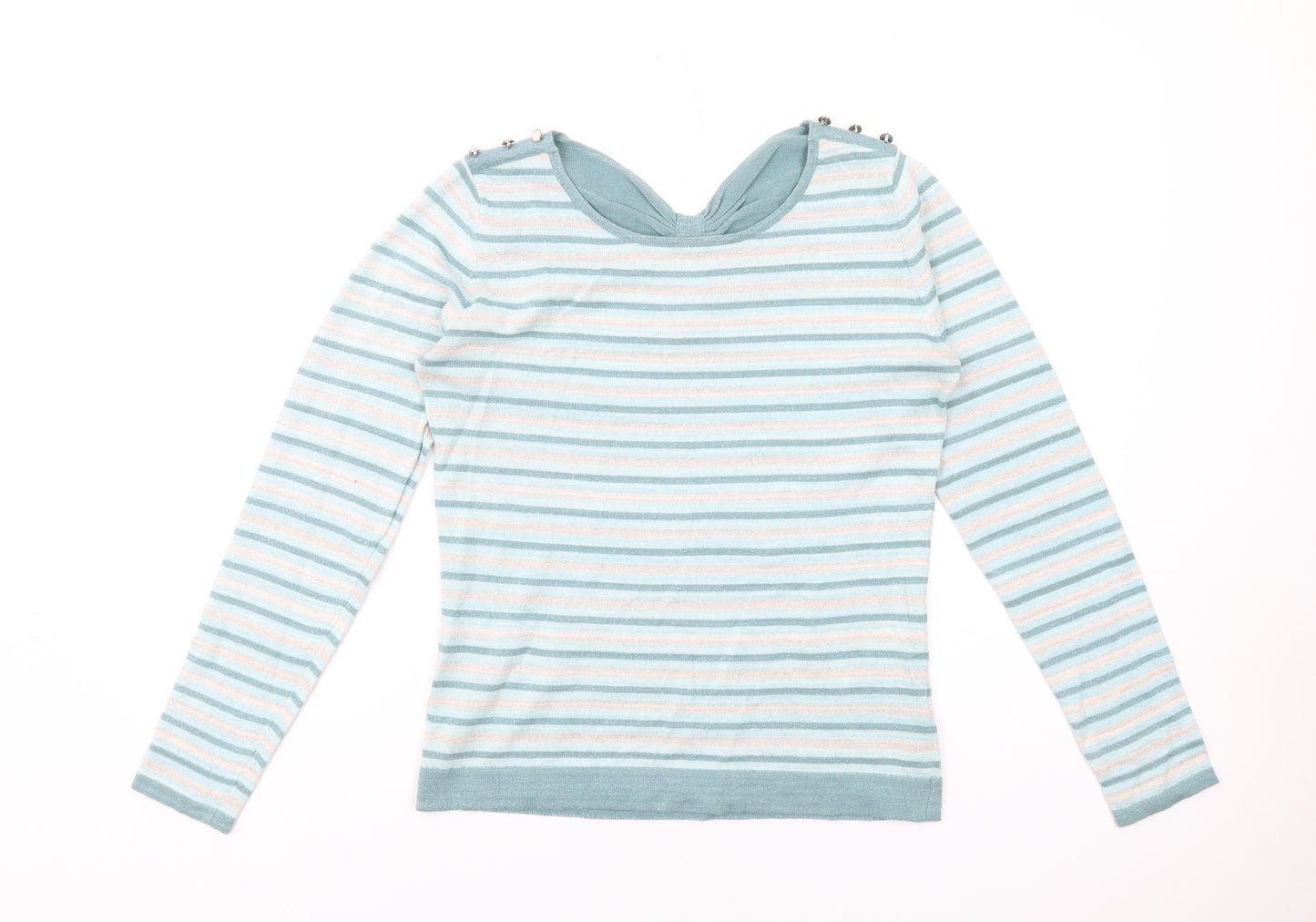 Yumi Womens Blue Round Neck Striped Cotton Pullover Jumper Size 14