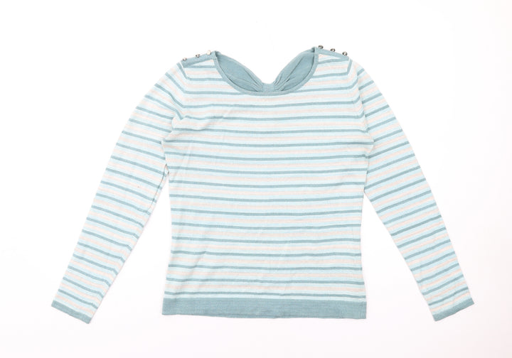 Yumi Womens Blue Round Neck Striped Cotton Pullover Jumper Size 14