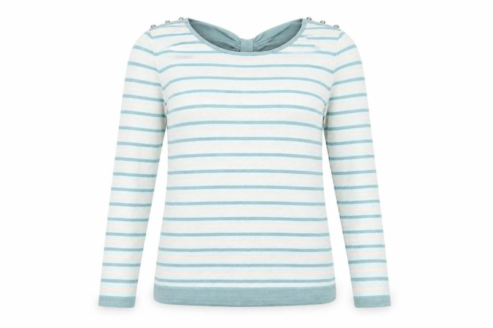 Front view of Yumi women’s blue round neck striped cotton jumper, size UK 14