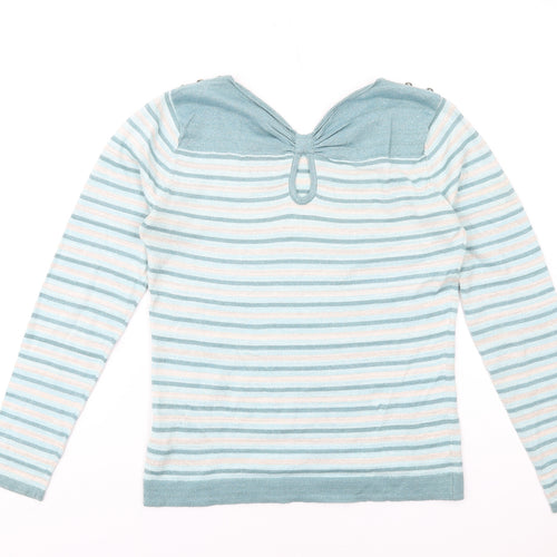 Yumi Womens Blue Round Neck Striped Cotton Pullover Jumper Size 14