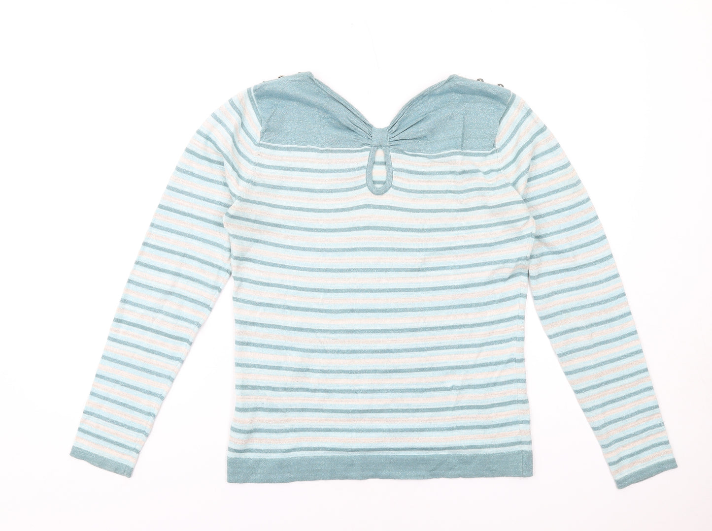 Yumi Womens Blue Round Neck Striped Cotton Pullover Jumper Size 14
